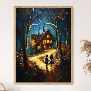 Hansel and Gretel Candy House Art Print, Fairy Tale Fantasy Illustration