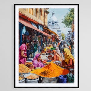 May include: A watercolor painting depicting a bustling street market in India. The scene is filled with vibrant colors, including bright pink, yellow, and orange. People are gathered around stalls selling spices and other goods. A large building with a white dome is visible in the background.