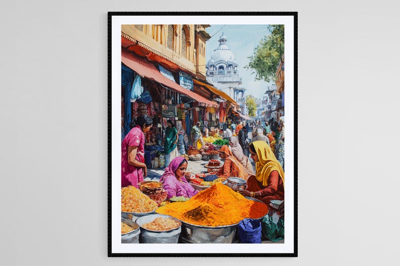 May include: A watercolor painting depicting a bustling street market in India. The scene is filled with vibrant colors, including bright pink, yellow, and orange. People are gathered around stalls selling spices and other goods. A large building with a white dome is visible in the background.