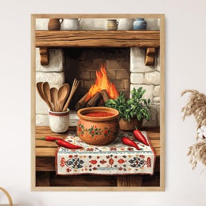May include: A painting of a rustic kitchen scene with a red pot of soup on a table with red peppers. The pot is decorated with floral designs. The scene is set in front of a fireplace with a fire burning.