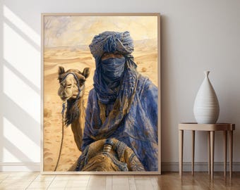 トゥアレグ族の遊牧民、伝統的な藍色のローブ、ラクダ、広大なサハラ