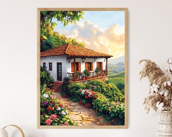 Colombian Coffee Farmhouse Art Print: Rustic Veranda, Heritage