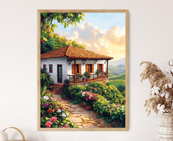 Colombian Coffee Farmhouse Art Print: Rustic Veranda, Heritage