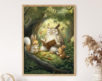 Whimsical Forest Classroom Art Print, Owl Teacher and Woodland