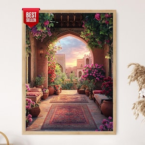 May include: A framed print of an archway leading to a courtyard, adorned with vibrant flowers and plants. The scene features a sunset sky, red rugs, and terracotta pots, creating a warm, inviting atmosphere. A "Best Seller" tag is visible.