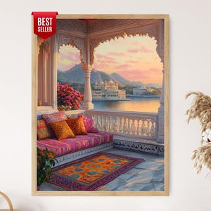 Udaipur Terrace with Bandhani Decor, Indian Heritage Art, Lake View Print