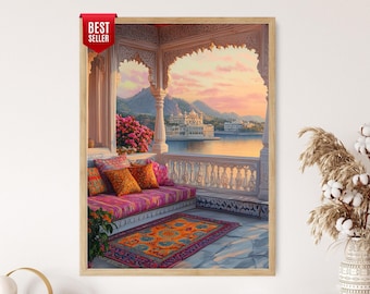 Könnte beinhalten: Gerahmter Kunstdruck einer indischen Palastszene. Das Kunstwerk zeigt einen Balkon mit bunten Kissen, einem gemusterten Teppich und Blick auf einen See und Gebäude bei Sonnenuntergang. Ein "Bestseller"-Aufkleber befindet sich oben links.