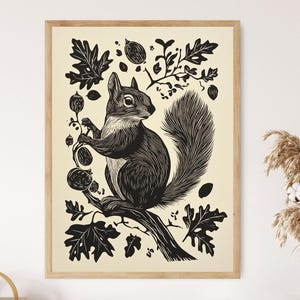 Squirrel Linocut Print, Nature-Inspired Woodland Art, Handcrafted Home Decor
