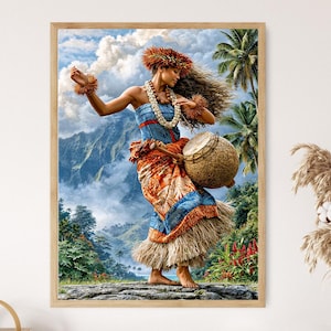May include: A framed print of a woman in traditional Hawaiian attire dancing. She wears a floral headdress, lei, and a colorful dress. A drum is held in her arms. The background features a lush tropical landscape with mountains and palm trees.