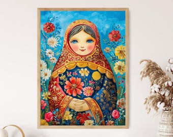 Nesting Doll Art Print, Vintage Russian Folk Decor, Wall Art for Home, Unique Cultural Gift