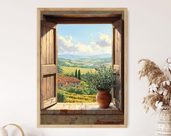 Könnte beinhalten: Gerahmtes Gemälde einer toskanischen Landschaft, die durch ein offenes Fenster mit Holzläden betrachtet wird. Die Szene zeigt sanfte Hügel, Weinberge, ein Bauernhaus und einen Terrakottatopf mit Grün auf der Fensterbank. Der Himmel ist blau mit weißen Wolken.