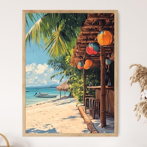 Puede incluir: Una pintura de un bar de playa tropical con palmeras, un techo de paja y linternas coloridas colgando del techo. El bar está hecho de madera y tiene algunos taburetes y mesas. Hay barcos en el agua en el fondo.