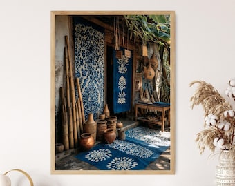 Balinese Batik Textile Poster, Indonesian Folk Fabric Art Print, Flat Vector Courtyard Scene