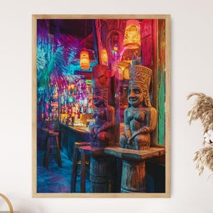 Vintage Tiki Bar Photo Print, 1960s Hawaiian Decor, Tropical Nostalgia, Festive Lights, Wooden Tiki Statues, Retro Island Nightlife Artwork