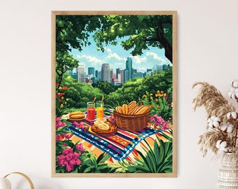 Mexico City Picnic Art Print, Chapultepec Park Scene, Mexican