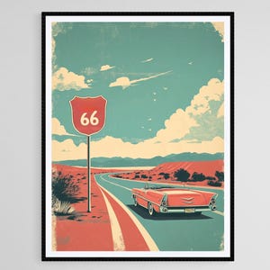 カリフォルニア ルート 66 アートプリント、クラシックな道路標識、オープンハイウェイ