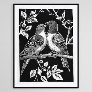 Two Birds Linocut Art, Black and White Nature Print, Handcrafted Bird Art