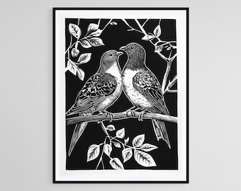 Two Birds Linocut Art, Black and White Nature Print, Handcrafted Bird Art