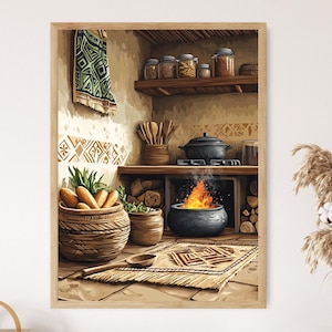 May include: A framed watercolor print depicts a rustic kitchen scene. A woven basket holds carrots, and a fire burns in a pot. Wooden shelves display jars of spices and cooking utensils. A green and black patterned cloth hangs on the wall.