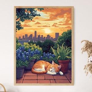 Puede incluir: Una pintura de un paisaje urbano con un cielo de puesta de sol. La ciudad está en el fondo y hay flores y un gato en primer plano. El gato es naranja y blanco y está durmiendo en un camino de ladrillos. Las flores son azules y moradas y están en macetas.