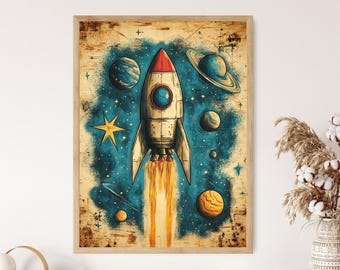 Lámina de cohete retro, ilustración espacial vintage, arte mural de ciencia ficción infantil, decoración de aventura cósmica