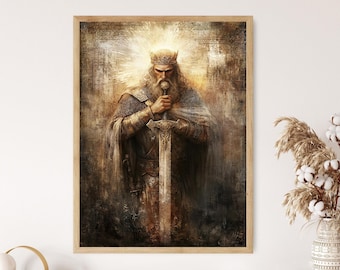 King Arthur and Excalibur Art Print, Sword in the Stone Legend