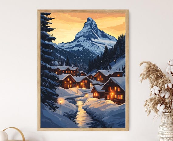 Swiss Alps Winter Scene Art Print, Zermatt Mountain Landscape