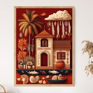 May include: A framed art print depicting a detailed illustration of a building with a red roof and intricate architectural details. The artwork includes a palm tree, decorative elements, and a vibrant red background. The print is in a wooden frame.