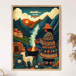 Puede incluir: Una impresión artística enmarcada que representa a una persona con vestimenta tradicional junto a un fuego, con una llama cerca. La obra presenta un paisaje montañoso, un atardecer y un pueblo, en tonos cálidos y fríos.