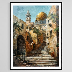 May include: A painting of a narrow street in a Middle Eastern city. The street is lined with stone buildings and leads up to a golden dome mosque. The painting is done in a realistic style with a warm color palette.