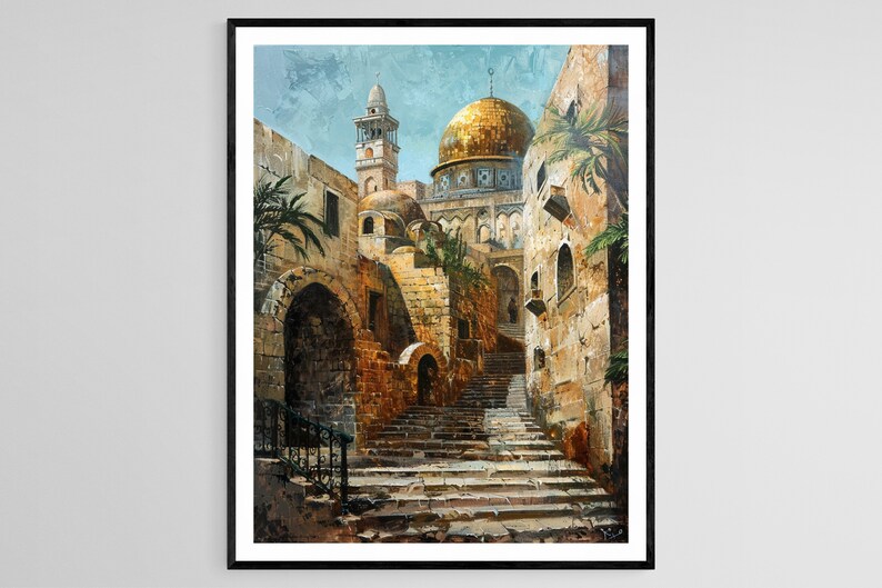 May include: A painting of a narrow street in a Middle Eastern city. The street is lined with stone buildings and leads up to a golden dome mosque. The painting is done in a realistic style with a warm color palette.