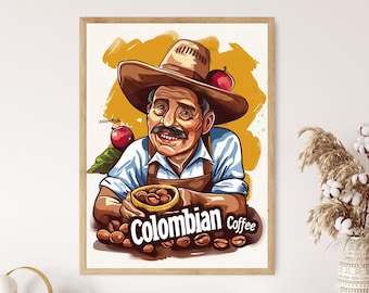 Impresión de granos de café colombiano, obra de arte de cocina de estilo vintage, decoración de cafetería, regalo de inauguración de la casa