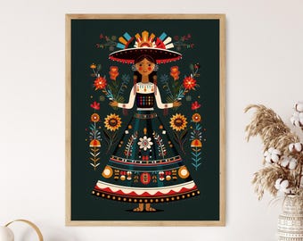 May include: A colorful illustration of a woman wearing a traditional Mexican dress and a large, floral hat. The woman is surrounded by flowers and plants, and the background is a dark green color.