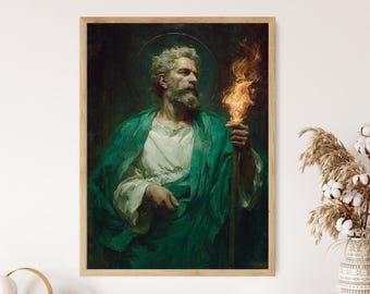 Saint Jude Art Print: Religious Poster with Flame and Halo