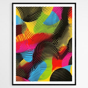 Pode incluir: Impress&atilde;o de arte abstrata com fundo preto e formas geom&eacute;tricas coloridas. As formas s&atilde;o compostas por pontos, linhas e curvas. As cores s&atilde;o brilhantes e vibrantes, incluindo vermelho, amarelo, azul, verde e rosa.