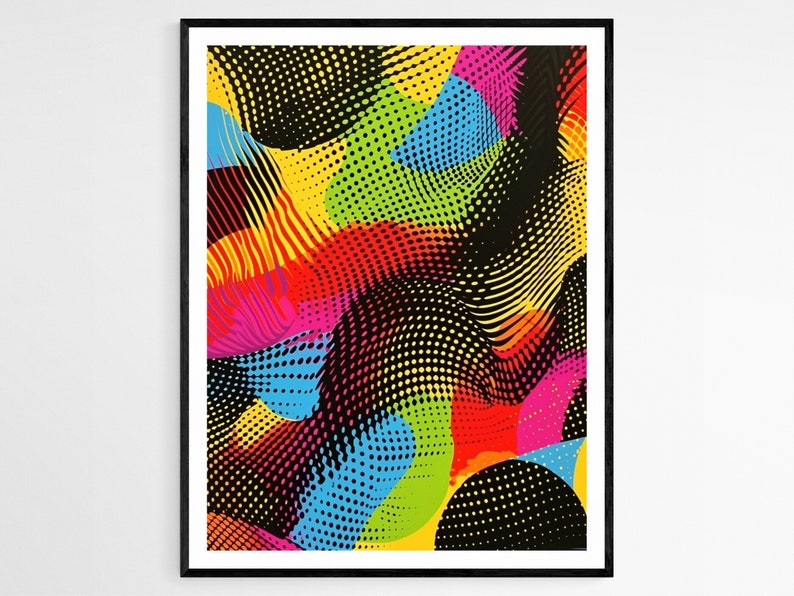 Pode incluir: Impress&atilde;o de arte abstrata com fundo preto e formas geom&eacute;tricas coloridas. As formas s&atilde;o compostas por pontos, linhas e curvas. As cores s&atilde;o brilhantes e vibrantes, incluindo vermelho, amarelo, azul, verde e rosa.