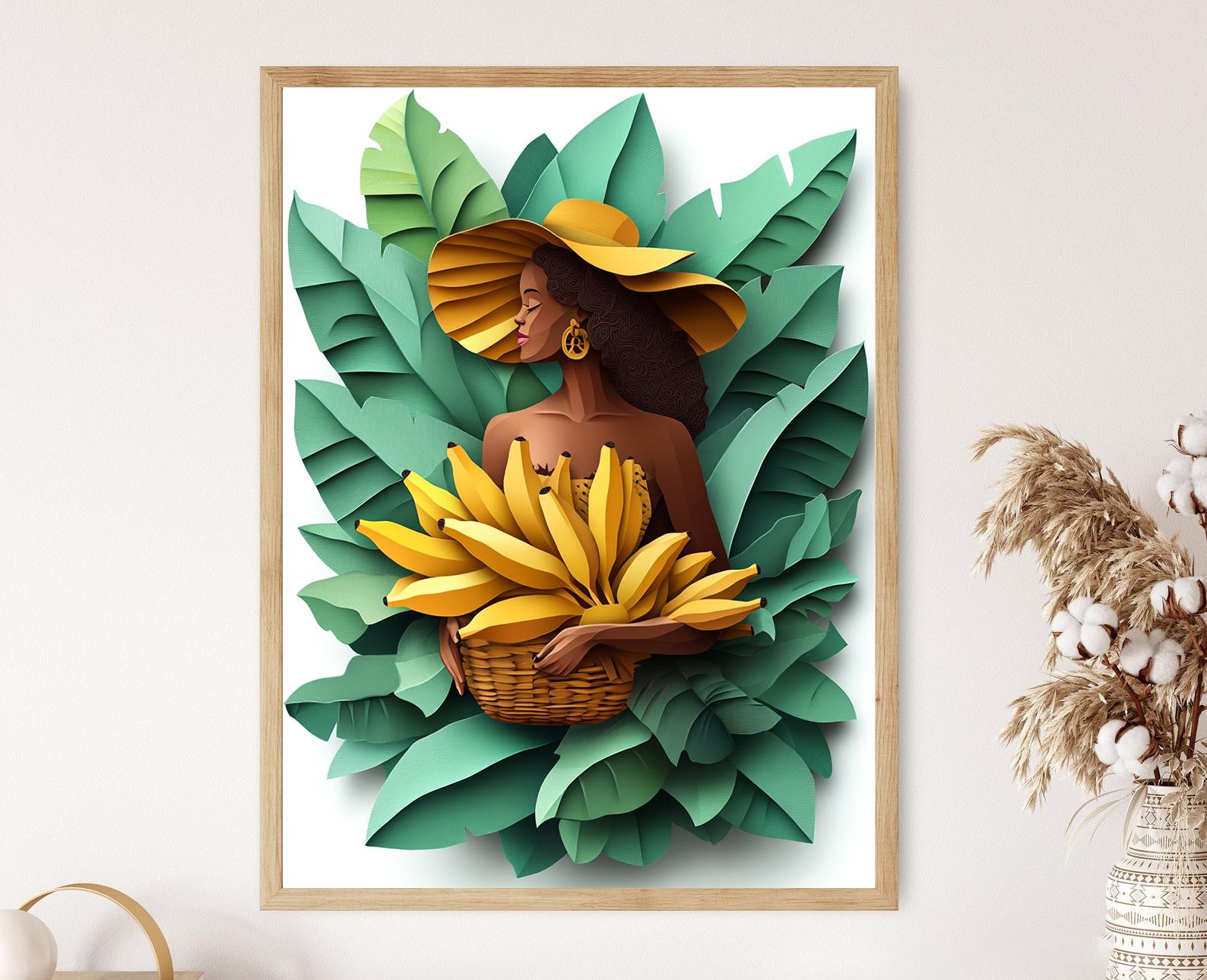 タヒチの女性のアートプリント、バナナバスケットのイラスト - Etsy 日本