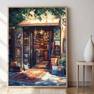 May include: A colorful shop front with a variety of rugs and textiles hanging on the walls. The shop is located in a narrow street with a tree canopy overhead. The shop is brightly lit with sunlight streaming in from the doorway.