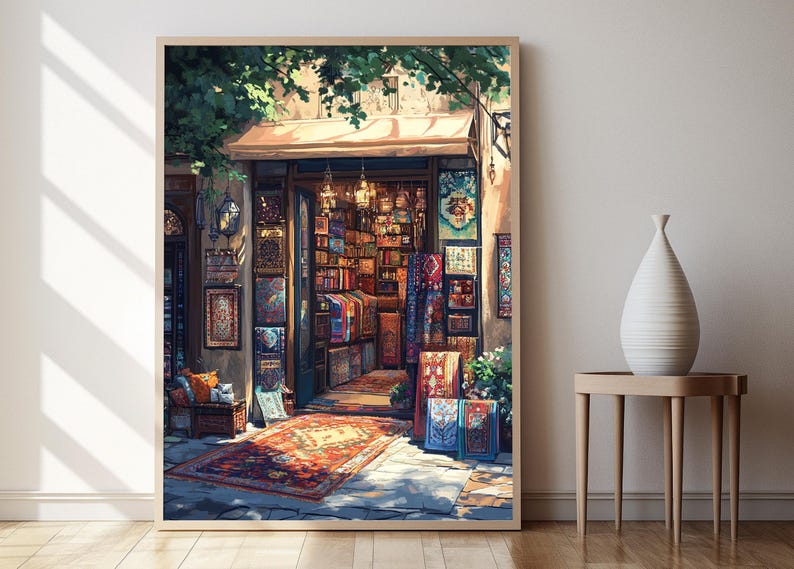 May include: A colorful shop front with a variety of rugs and textiles hanging on the walls. The shop is located in a narrow street with a tree canopy overhead. The shop is brightly lit with sunlight streaming in from the doorway.