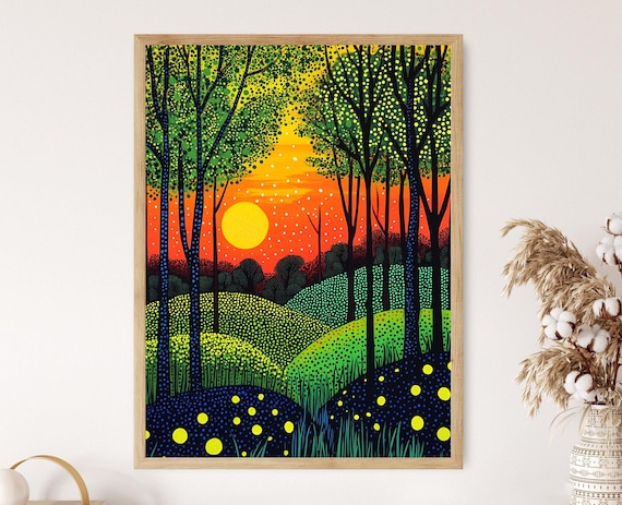 草間彌生の森の版画：点描による夕焼けの風景 - Etsy 日本