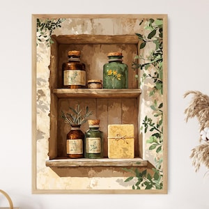 May include: A framed watercolour print depicting a wooden shelf with apothecary jars and a bar of soap. The jars are brown and green with cork stoppers and botanical labels. Green vines and leaves frame the shelf, creating a vintage aesthetic.