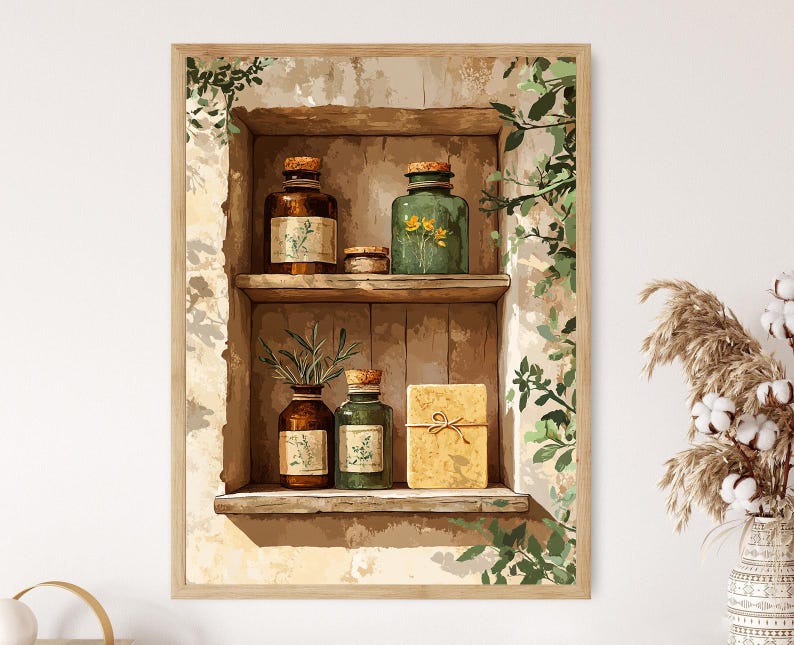 May include: A framed watercolour print depicting a wooden shelf with apothecary jars and a bar of soap. The jars are brown and green with cork stoppers and botanical labels. Green vines and leaves frame the shelf, creating a vintage aesthetic.