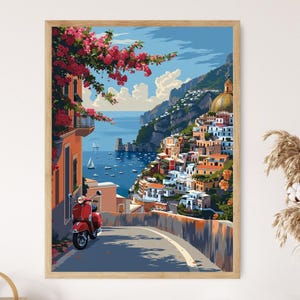 Positano Italy Coastal Giclée Print, Vibrant Amalfi Coast Artwork, Ideal for Living Room, Special Gift for Wanderlust Enthusiasts