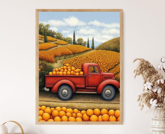 Vintage Red Truck With Oranges, Vibrant Countryside Fruit Harvest