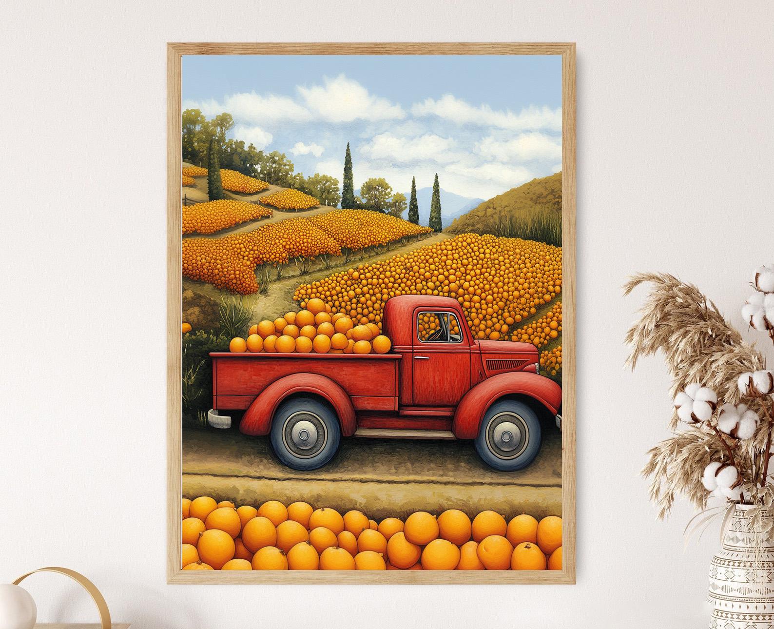 Vintage Red Truck With Oranges, Vibrant Countryside Fruit Harvest