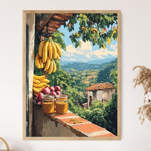 May include: A framed print of a vibrant outdoor scene. A bunch of yellow bananas hangs from a wooden structure. Red onions and jars of preserves sit on a brick ledge, overlooking a lush green valley and a small house with a red tile roof.