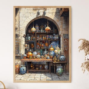 Damascus Mosaic Shop Art Print, Syrian Cultural Decor Poster