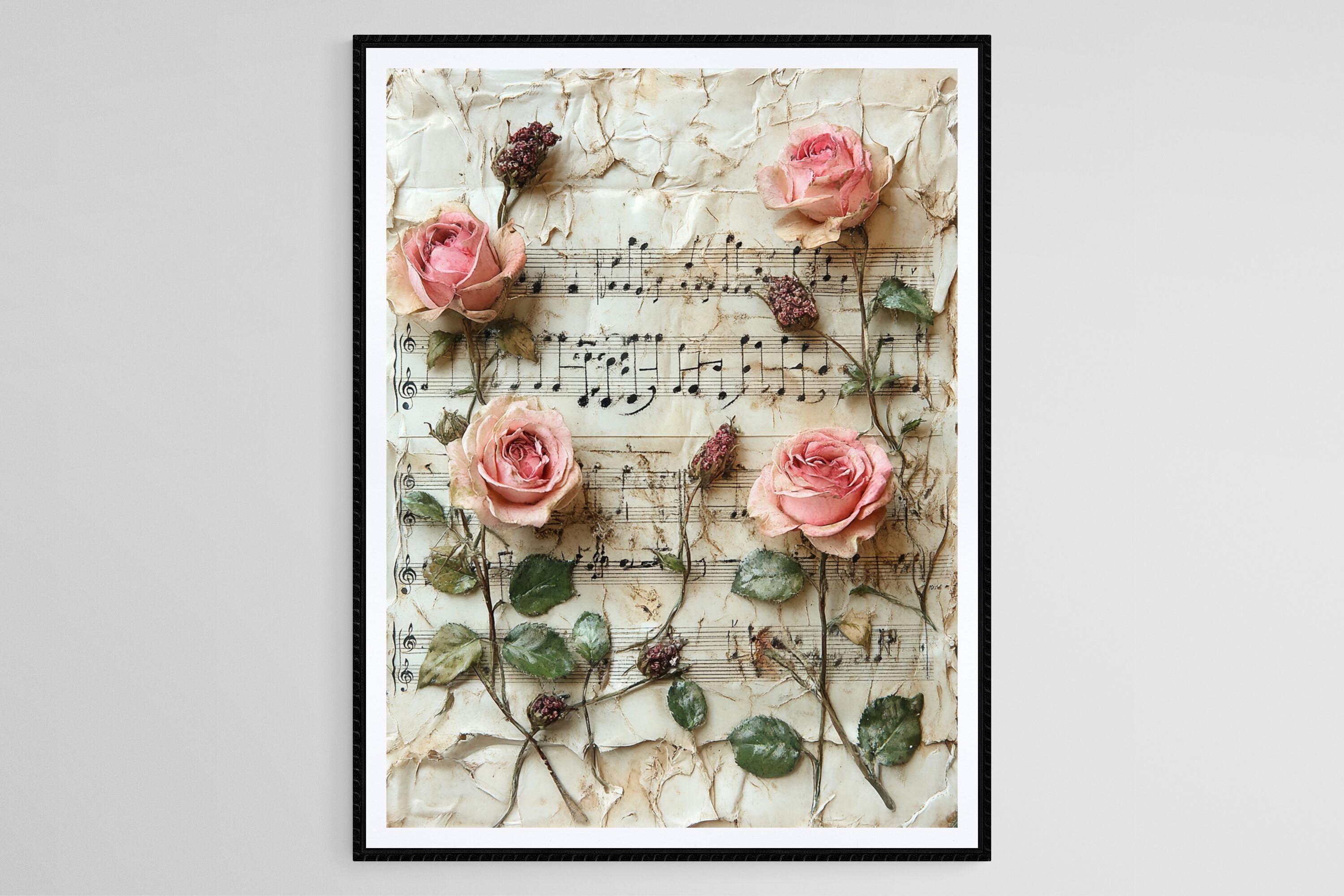 Vintage Rose and Music Sheet Art Print: Romantic Floral Wall Decor - Etsy