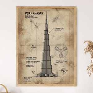 May include: A framed engineering draft print of the Burj Khalifa in Dubai, UAE. The sepia-toned document features a central elevation view, a Y-shaped floor plan, and technical text including 828 m (2,716.5 ft) height and structural details.