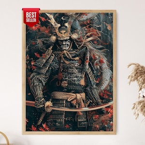 May include: Framed artwork featuring a detailed illustration of a samurai warrior in full armor, with a dragon and red maple leaves in the background. The artwork has a dark color palette with gold accents and a "Best Seller" sticker.